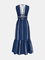 Striped Deep V Neck Ruffle Midi Dress