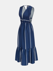Striped Deep V Neck Ruffle Midi Dress