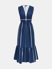 Striped Deep V Neck Ruffle Midi Dress