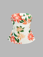 Floral Print Strapless Top & Midi Skirt Set