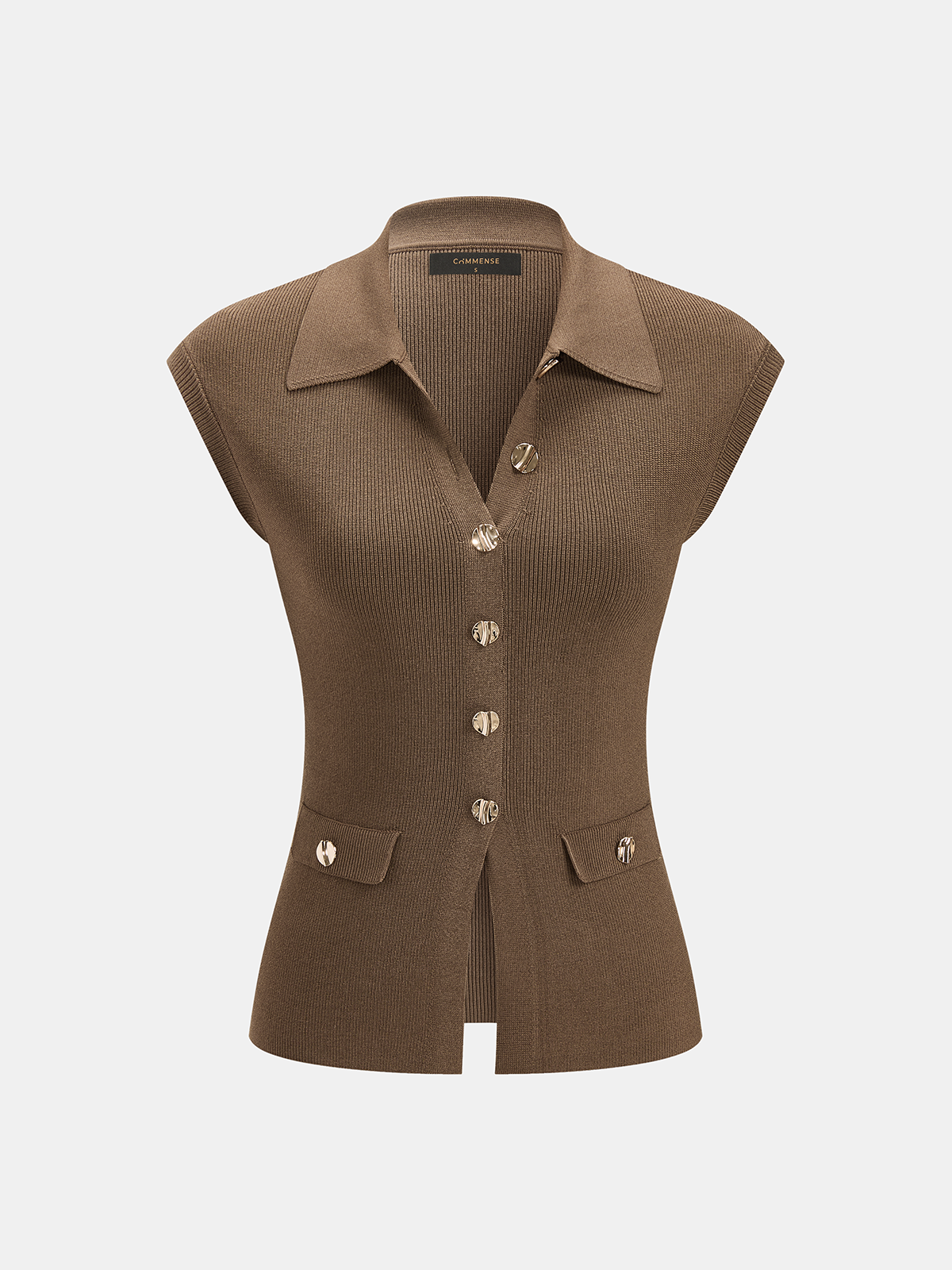 Sleeveless Collared Ribbed Buttoned Knit Top