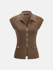 Sleeveless Collared Ribbed Buttoned Knit Top