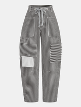 Striped Patchwork Drawstring Barrel Pants