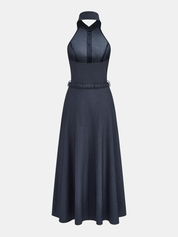 Halter Belted Collared Denim Maxi Dress