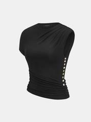 Side Button Asymmetric Ruched Fitted Top