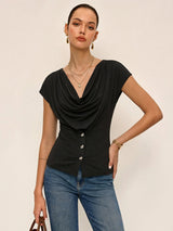 Cowl Neck Fitted Buttoned Blouse