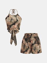 Tropical Leaf Print Halter Crop Top & Shorts Set
