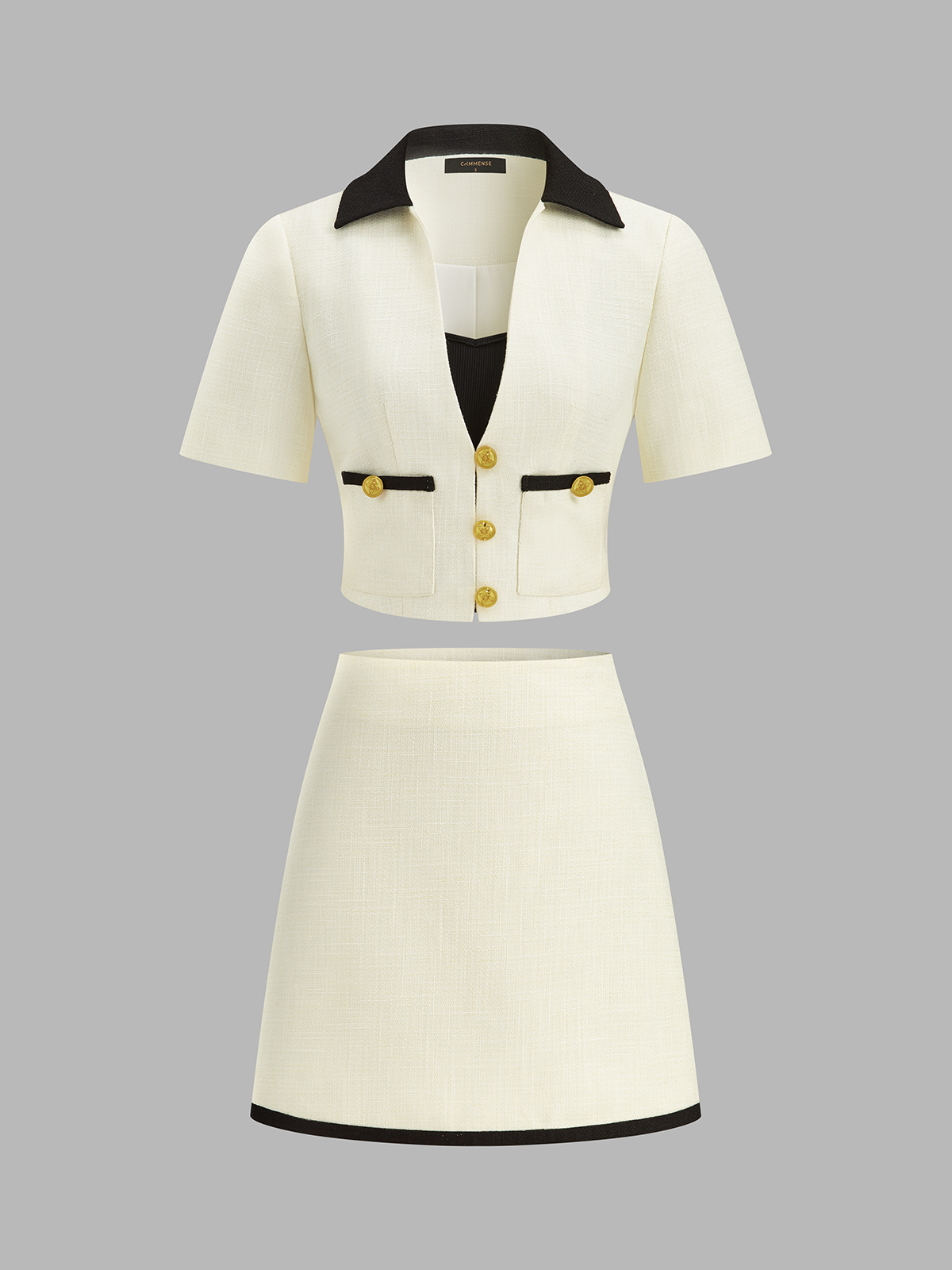 Contrast Collar Tweed Two-Piece Set with Cami Underlay