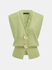 Lace Trim Buttoned V-Neck Knit Vest