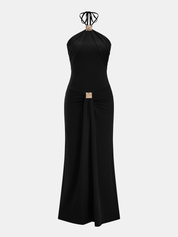 Halter Ruched Embellished Maxi Dress