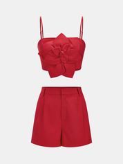 3D Flower Cotton Linen Cami Top & Shorts Set