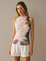Tie-Dye Mesh Cowl Neck Sleeveless Top