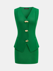 Metal Button Knit Vest & Mini Skirt Set