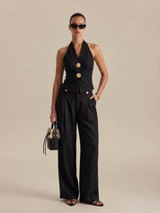 Linen Blend Halter Ruched Top & Pants Set