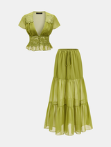 Lace Panel V-Neck Top & Tiered Skirt Set