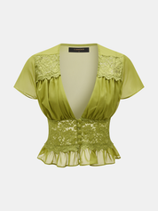 Lace Panel V-Neck Top & Tiered Skirt Set