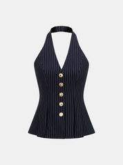 Pinstripe Metal Button Halter Top & Pants Set