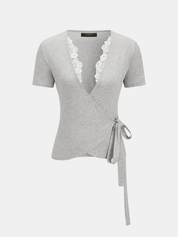 Lace Trim Wrap Tie Short Sleeve Top