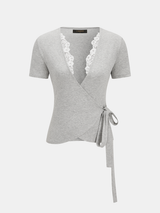 Lace Trim Wrap Tie Short Sleeve Top