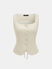 Linen Blend Square Neck Scallop Trim Vest