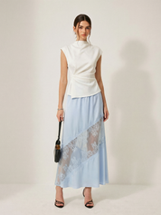 Satin Lace Insert Midi Skirt