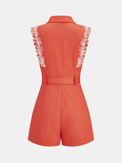 Embroidered Trim Belted Sleeveless Romper