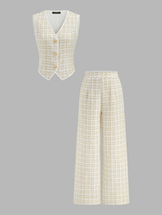Checked Tweed Vest & Wide-Leg Pants Set