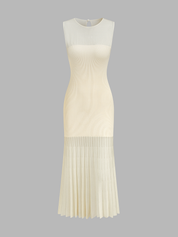 Ribbed Knit Sheer Pleated Maxi Dress