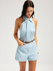 Linen Blend Halter Top & Belted Shorts Set