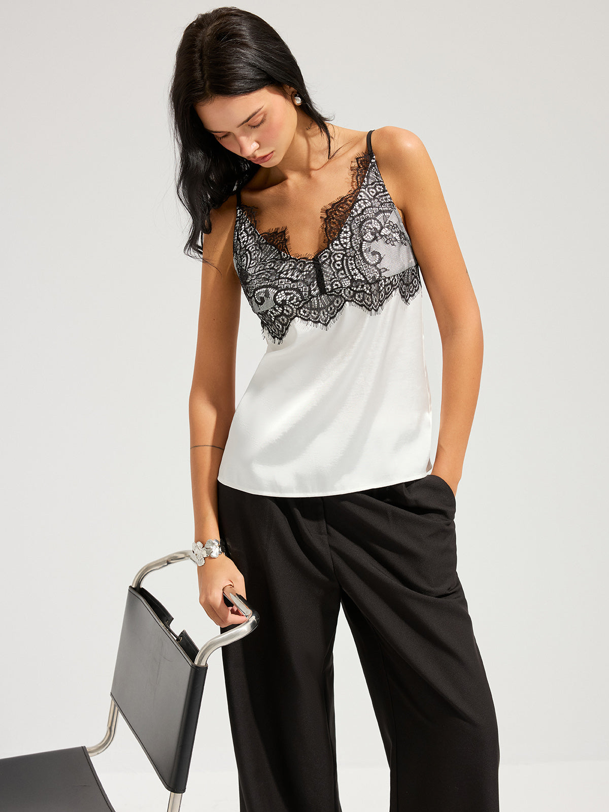 Eyelash Lace Trim Satin Cami Top