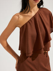 Linen-Blend One-Shoulder Ruffle Top & Pants Set
