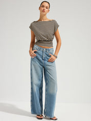 Striped Boat Neck Cinched Waist Top