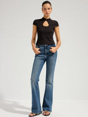 Mandarin Collar Keyhole Short Sleeve Top