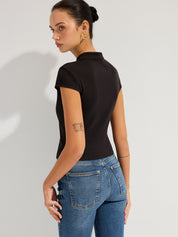 Mandarin Collar Keyhole Short Sleeve Top