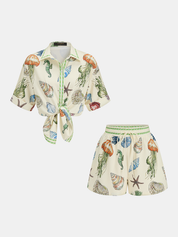 Marine Print Shirt & Drawstring Shorts Set