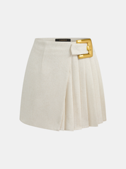 Linen Blend Buckle Pleated Mini Skirt