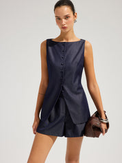 Faux Denim Sleeveless Top & Shorts Set