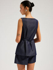 Faux Denim Sleeveless Top & Shorts Set