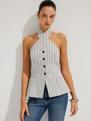 Striped Cotton Buttoned Halter Vest