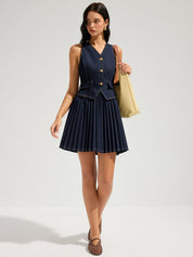 Denim Sleeveless Pleated Mini Dress