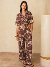 Palm Tree Print Tie-Front Shirt & Pants Set