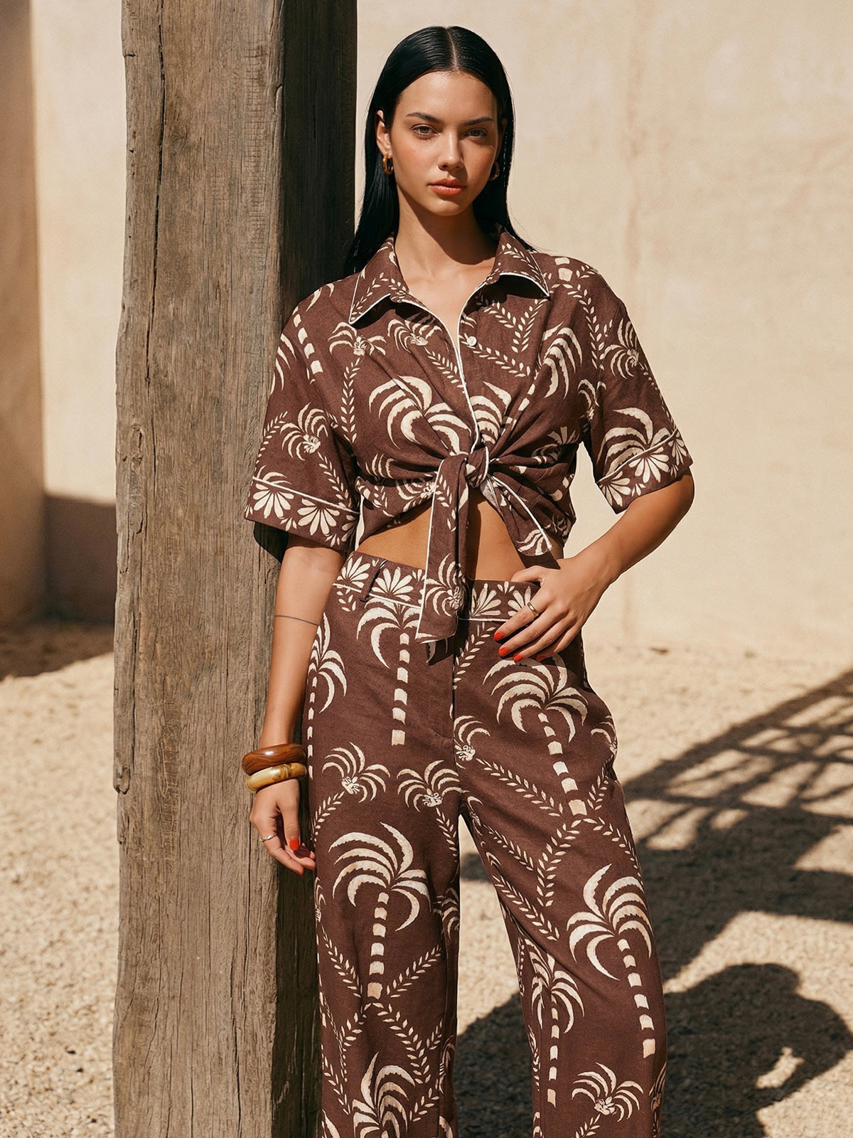 Palm Tree Print Tie-Front Shirt & Pants Set