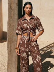 Palm Tree Print Tie-Front Shirt & Pants Set