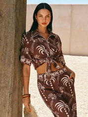 Palm Tree Print Tie-Front Shirt & Pants Set