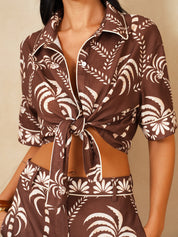Palm Tree Print Tie-Front Shirt & Pants Set