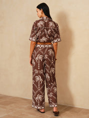 Palm Tree Print Tie-Front Shirt & Pants Set