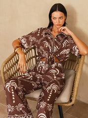 Palm Tree Print Tie-Front Shirt & Pants Set