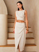Linen-Blend Knot-Back Top & Wrap Skirt Set