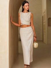 Linen-Blend Knot-Back Top & Wrap Skirt Set