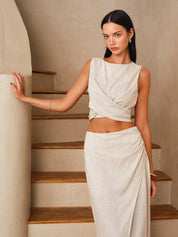 Linen-Blend Knot-Back Top & Wrap Skirt Set